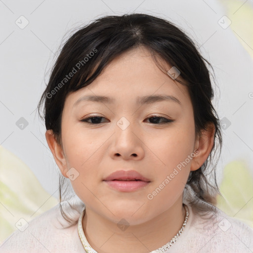 Neutral asian young-adult female with medium  brown hair and brown eyes