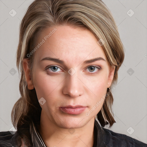 Neutral white young-adult female with medium  brown hair and grey eyes