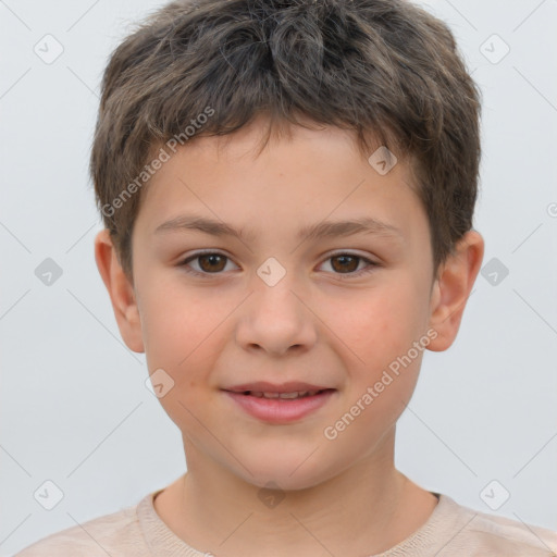 Joyful white child male with short  brown hair and brown eyes