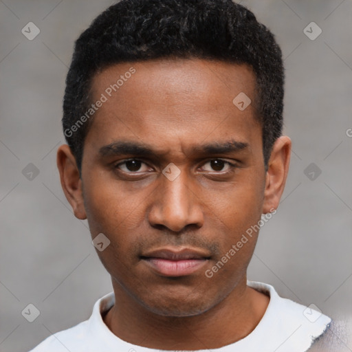Neutral latino young-adult male with short  black hair and brown eyes