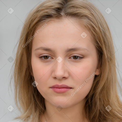 Neutral white young-adult female with long  brown hair and brown eyes