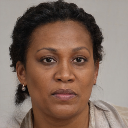 Joyful black adult female with medium  brown hair and brown eyes