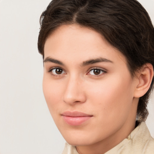 Neutral white young-adult female with medium  brown hair and brown eyes