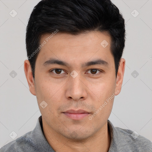 Neutral latino young-adult male with short  brown hair and brown eyes