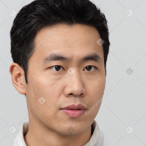 Neutral asian young-adult male with short  black hair and brown eyes