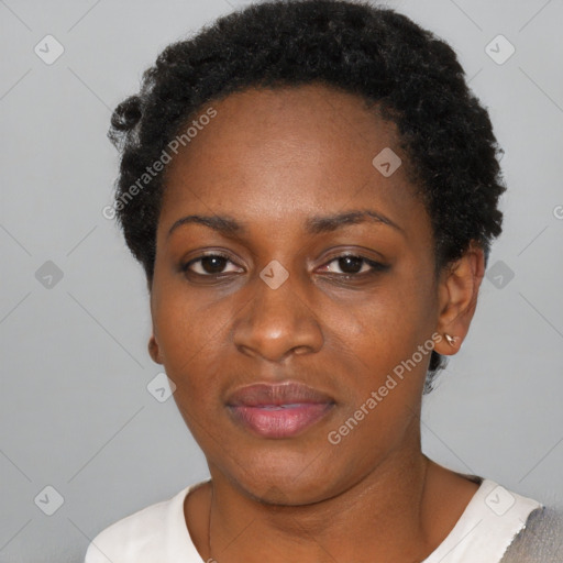 Neutral black young-adult female with short  black hair and brown eyes