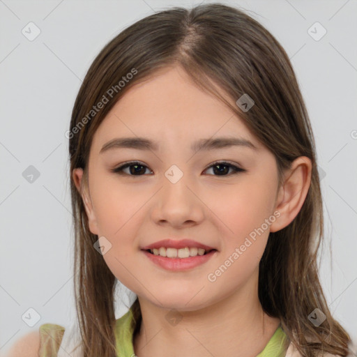 Joyful white child female with medium  brown hair and brown eyes