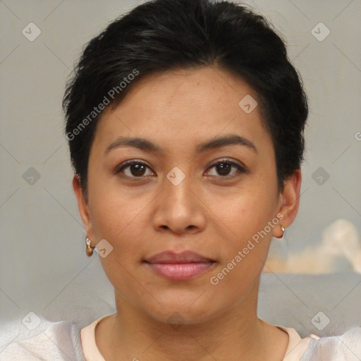 Neutral asian young-adult female with short  brown hair and brown eyes