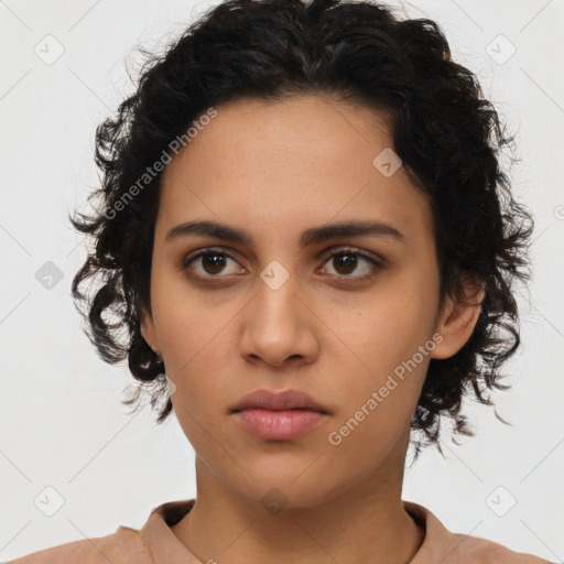 Neutral latino young-adult female with medium  brown hair and brown eyes