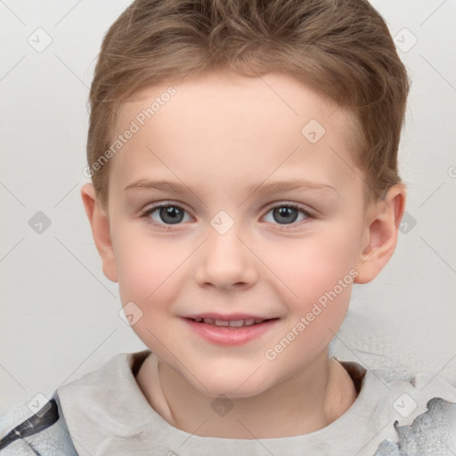 Joyful white child female with short  brown hair and brown eyes