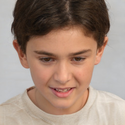 Joyful white child female with short  brown hair and brown eyes