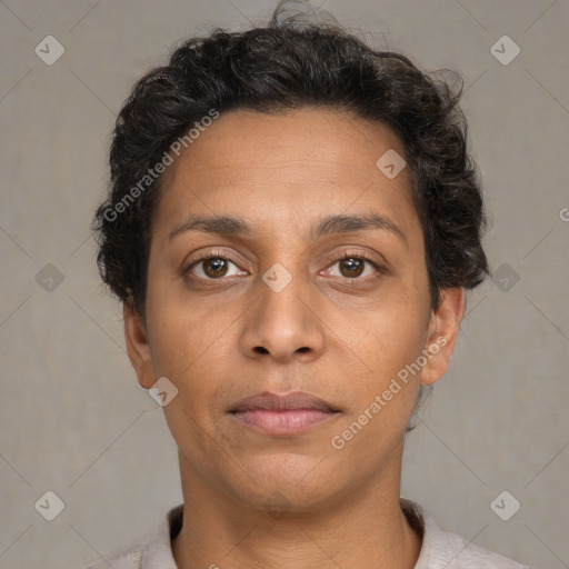 Neutral white young-adult female with short  brown hair and brown eyes