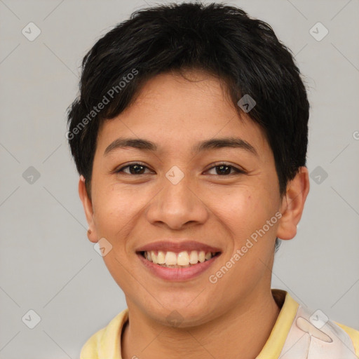 Joyful asian young-adult female with short  brown hair and brown eyes