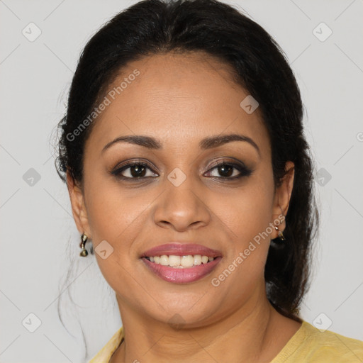 Joyful latino young-adult female with medium  brown hair and brown eyes