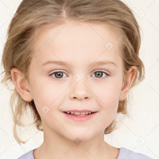 Joyful white child female with medium  brown hair and grey eyes