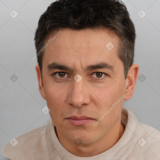 Neutral white adult male with short  brown hair and brown eyes