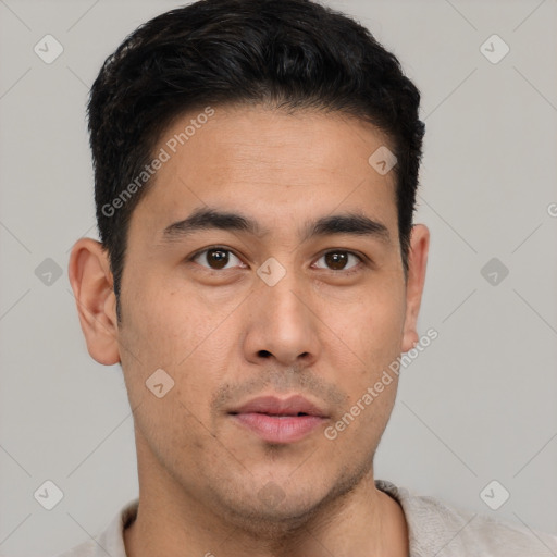 Neutral latino young-adult male with short  brown hair and brown eyes