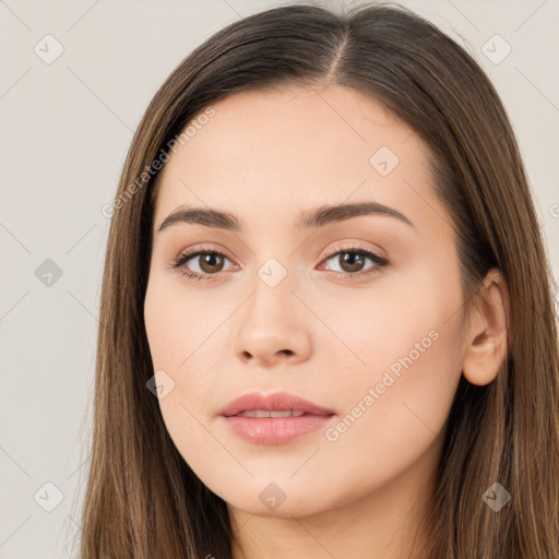 Neutral white young-adult female with long  brown hair and brown eyes