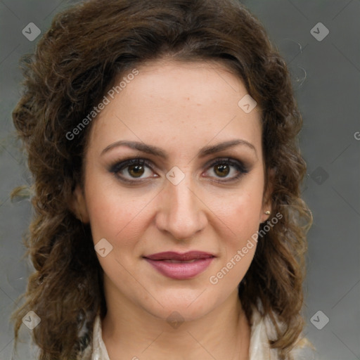 Joyful white young-adult female with medium  brown hair and green eyes