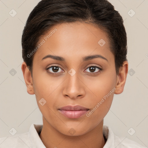 Joyful latino young-adult female with short  brown hair and brown eyes