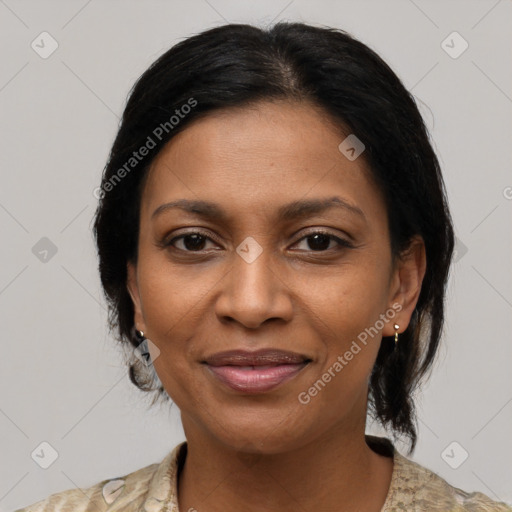 Joyful black young-adult female with medium  brown hair and brown eyes