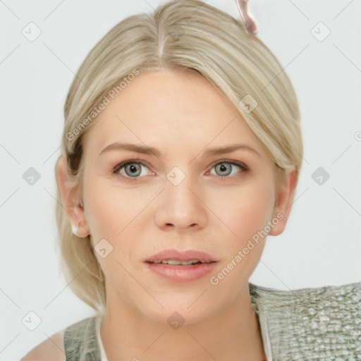 Joyful white young-adult female with medium  brown hair and blue eyes