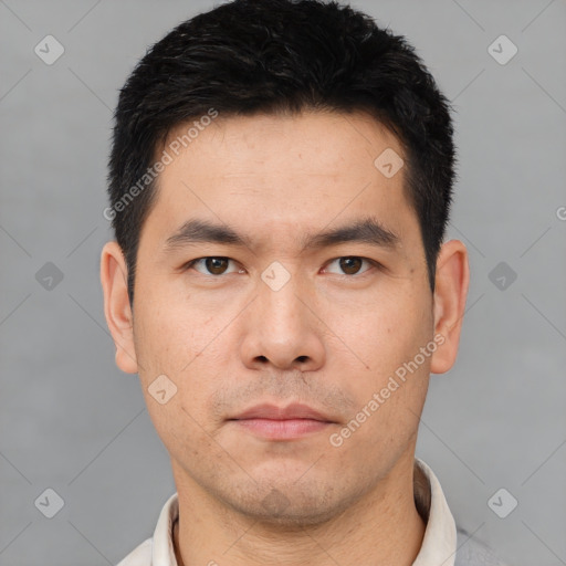 Neutral asian young-adult male with short  brown hair and brown eyes