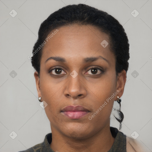 Neutral black adult female with short  black hair and brown eyes