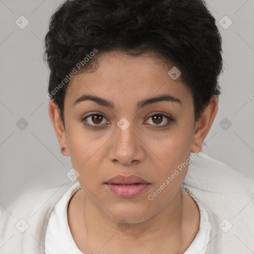 Neutral white young-adult female with short  brown hair and brown eyes