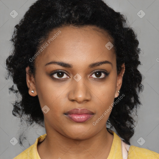 Neutral black young-adult female with medium  brown hair and brown eyes