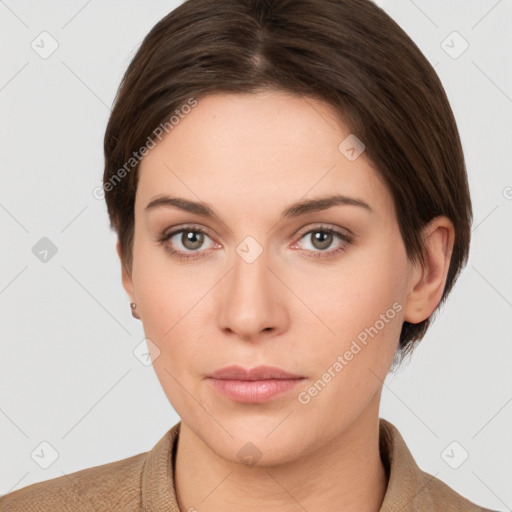 Neutral white young-adult female with short  brown hair and grey eyes