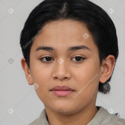 Joyful asian young-adult female with short  brown hair and brown eyes