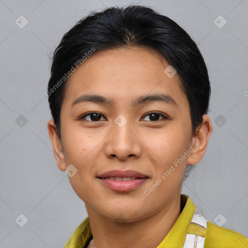 Joyful asian young-adult female with short  brown hair and brown eyes