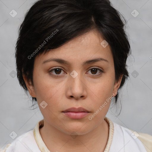 Neutral white young-adult female with medium  brown hair and brown eyes