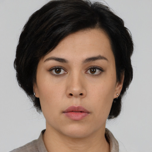 Neutral asian young-adult female with medium  black hair and brown eyes