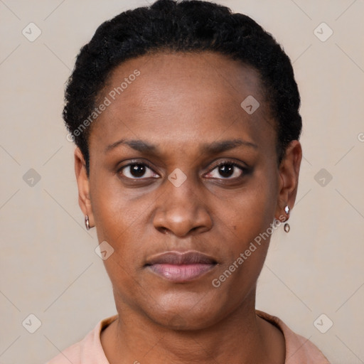 Neutral black young-adult female with short  black hair and brown eyes