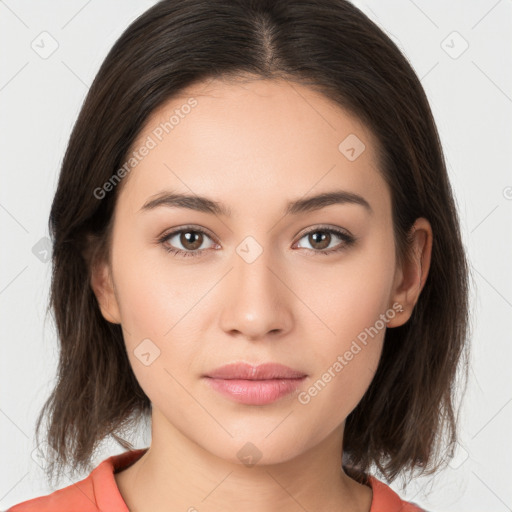 Neutral white young-adult female with medium  brown hair and brown eyes