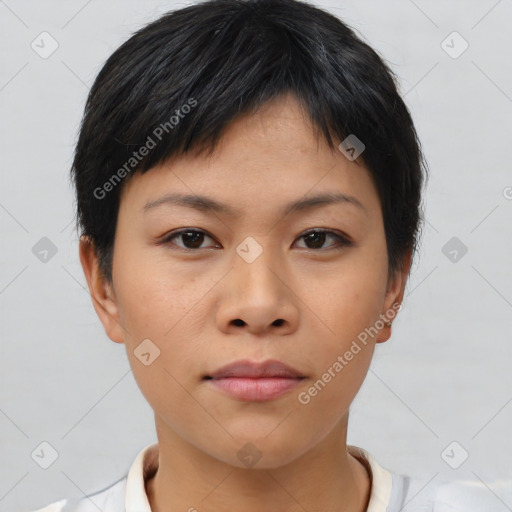 Neutral asian young-adult female with short  brown hair and brown eyes