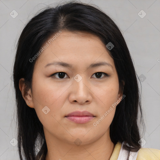 Neutral asian young-adult female with medium  brown hair and brown eyes