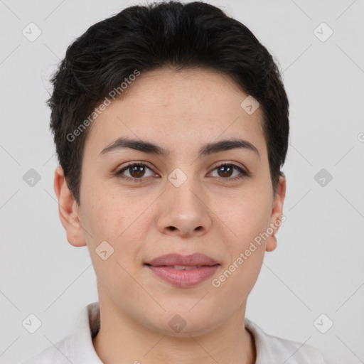 Joyful white young-adult female with short  brown hair and brown eyes