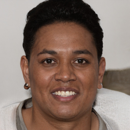 Joyful black adult female with short  black hair and brown eyes