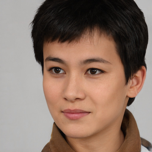 Neutral asian young-adult male with short  brown hair and brown eyes