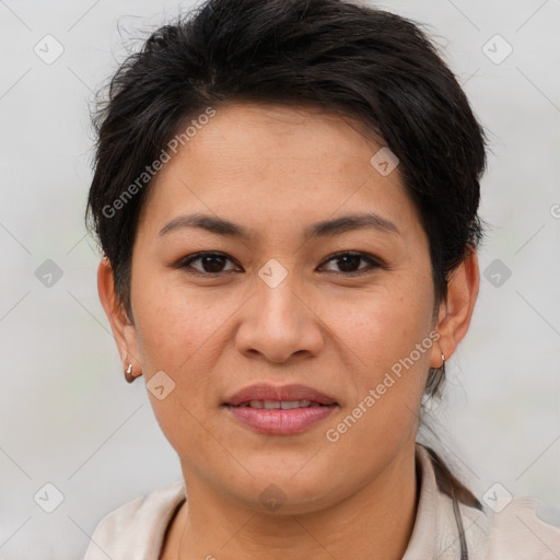 Joyful asian young-adult female with short  brown hair and brown eyes