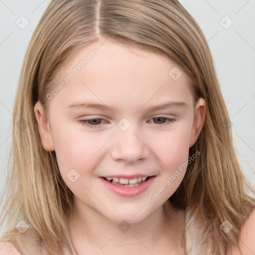 Joyful white child female with medium  brown hair and grey eyes