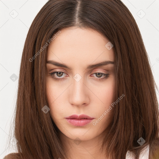 Neutral white young-adult female with long  brown hair and brown eyes