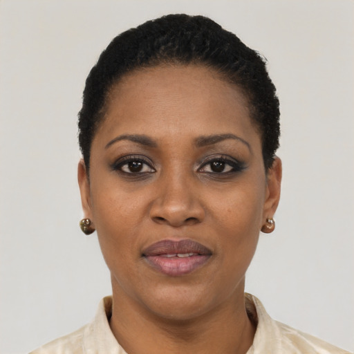 Joyful black adult female with short  black hair and brown eyes