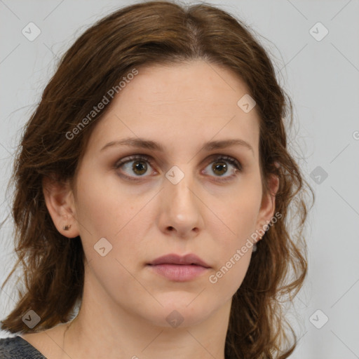 Neutral white young-adult female with medium  brown hair and green eyes