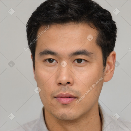 Neutral asian young-adult male with short  black hair and brown eyes