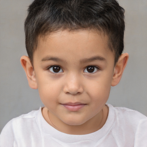 Joyful white child male with short  brown hair and brown eyes