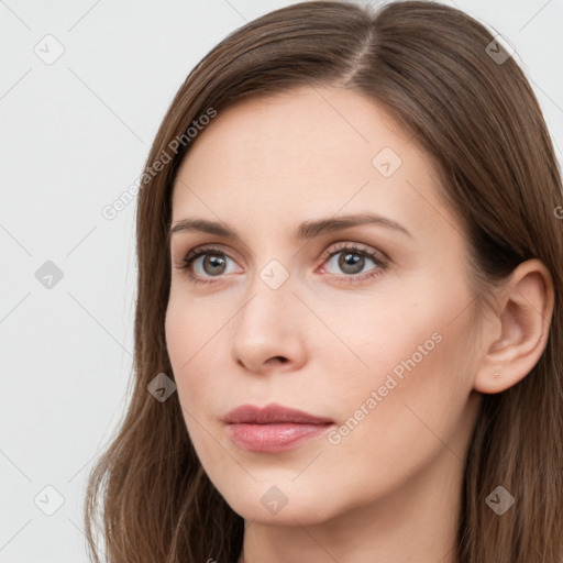 Neutral white young-adult female with long  brown hair and grey eyes